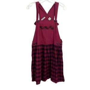 Deadstock Vintage Red Plaid Overalls Dress Artsy Lagenlook Academia Size Medium